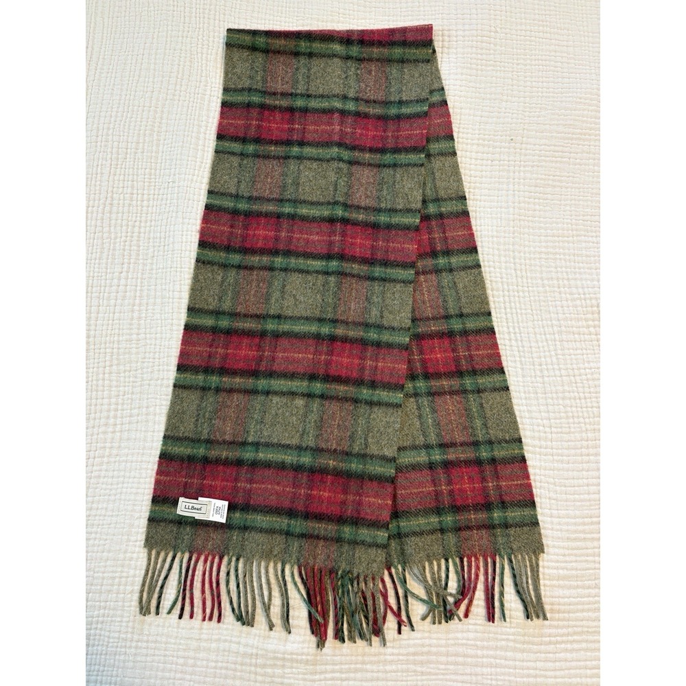 LL Bean 100% Lambs Wool Irish Scarf Red Green Plaid Woven Fringe 11x56 Ireland